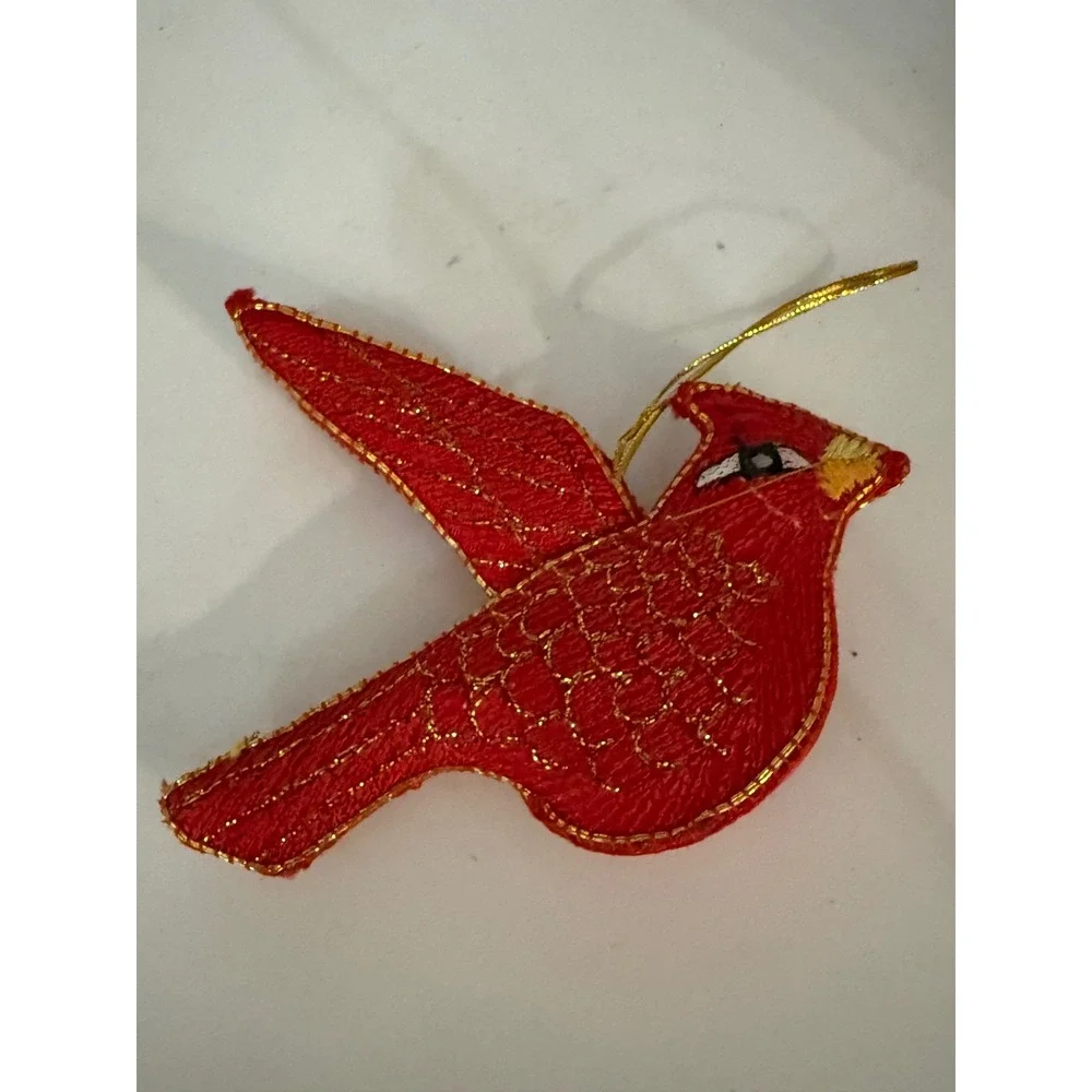 Red Cardinal Bird Christmas Ornaments Set of 2 Gold Embroidered Fabric Padded